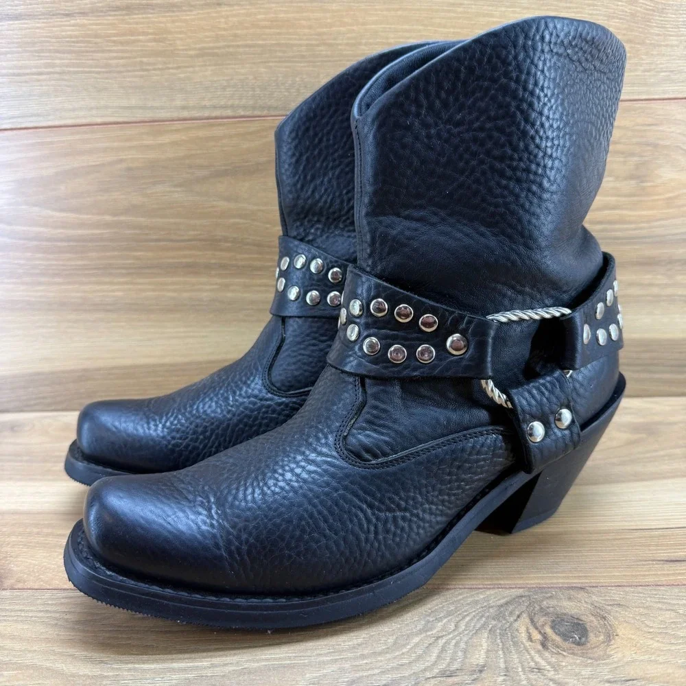 Double H Studded Harness Boots Womens 7.5 M Black Pebble Leather Short Biker - Picture 3 of 11